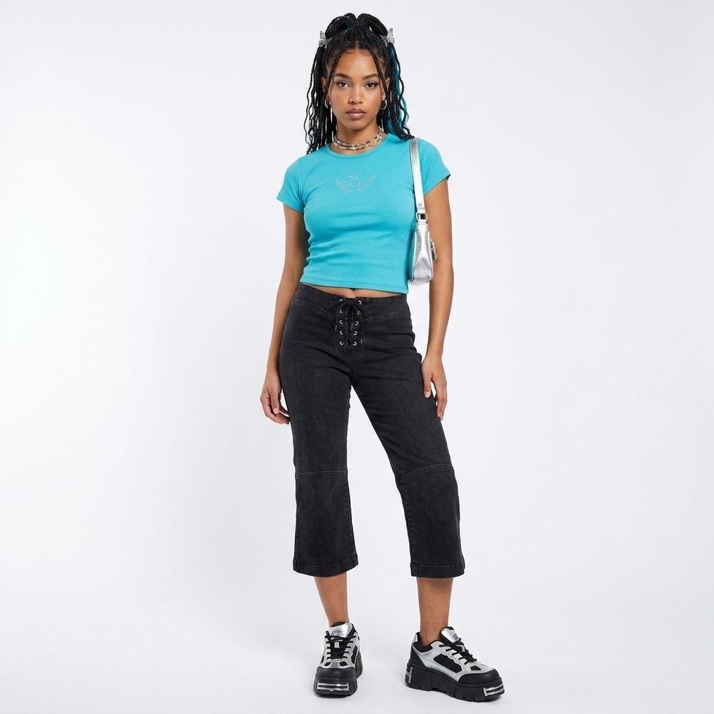 OCI Womens Black Lace Up Denim Capri 7 Grunge Y2K Cropped Flare Boho‎ Hippie